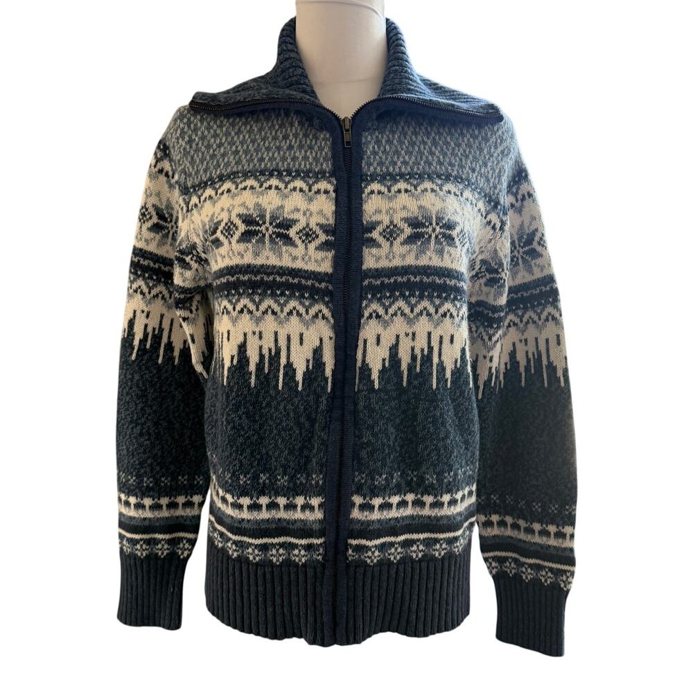 Heirloom Collectibles Nordic Blue Fair Isle Snowflake Ramie Cotton Zip Sweater